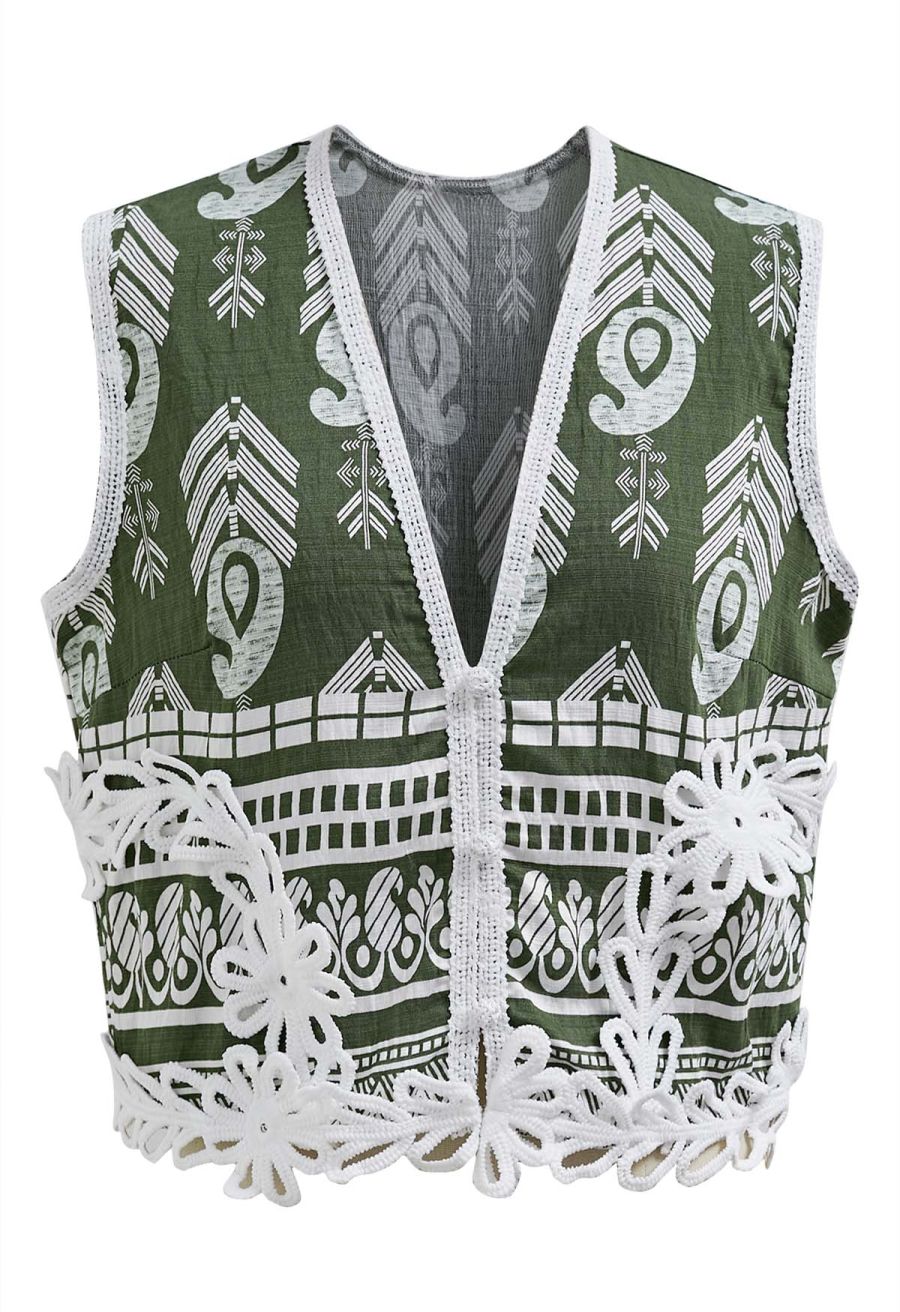 Tapework Lace Paisley Printed Sleeveless Top and Pants Set in Green