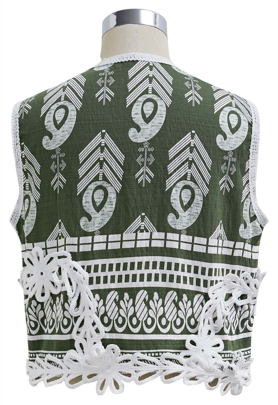 Tapework Lace Paisley Printed Sleeveless Top and Pants Set in Green