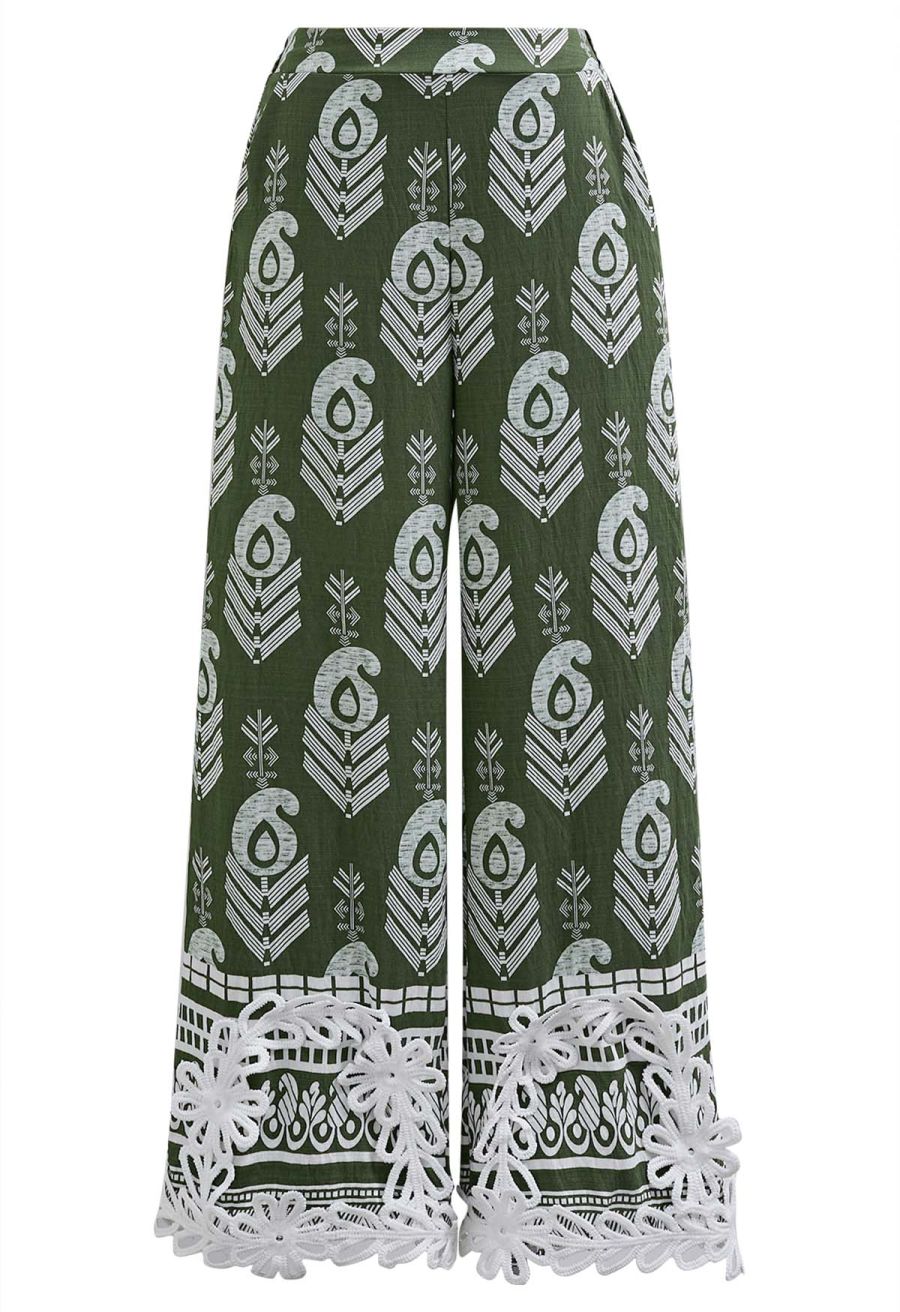Tapework Lace Paisley Printed Sleeveless Top and Pants Set in Green