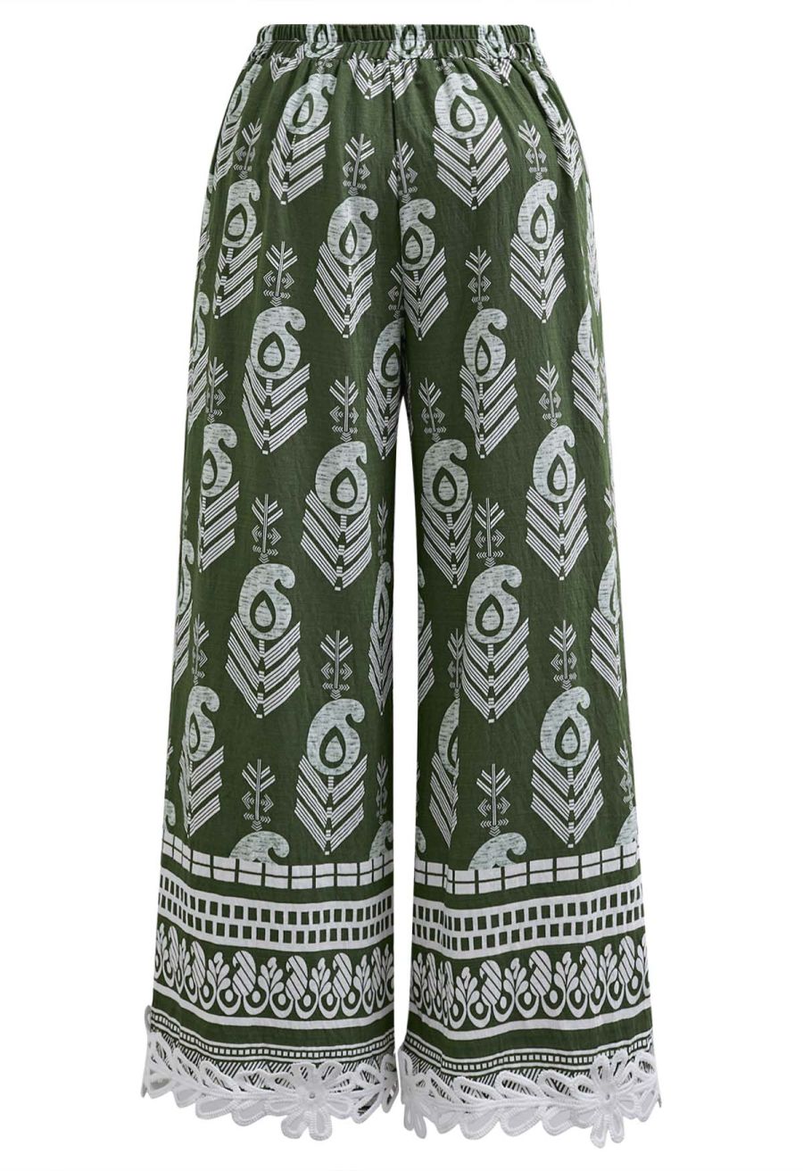 Tapework Lace Paisley Printed Sleeveless Top and Pants Set in Green