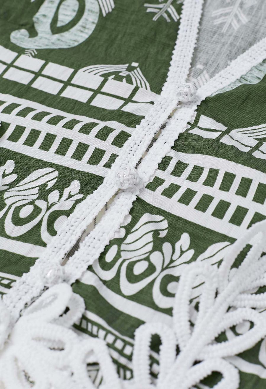 Tapework Lace Paisley Printed Sleeveless Top and Pants Set in Green