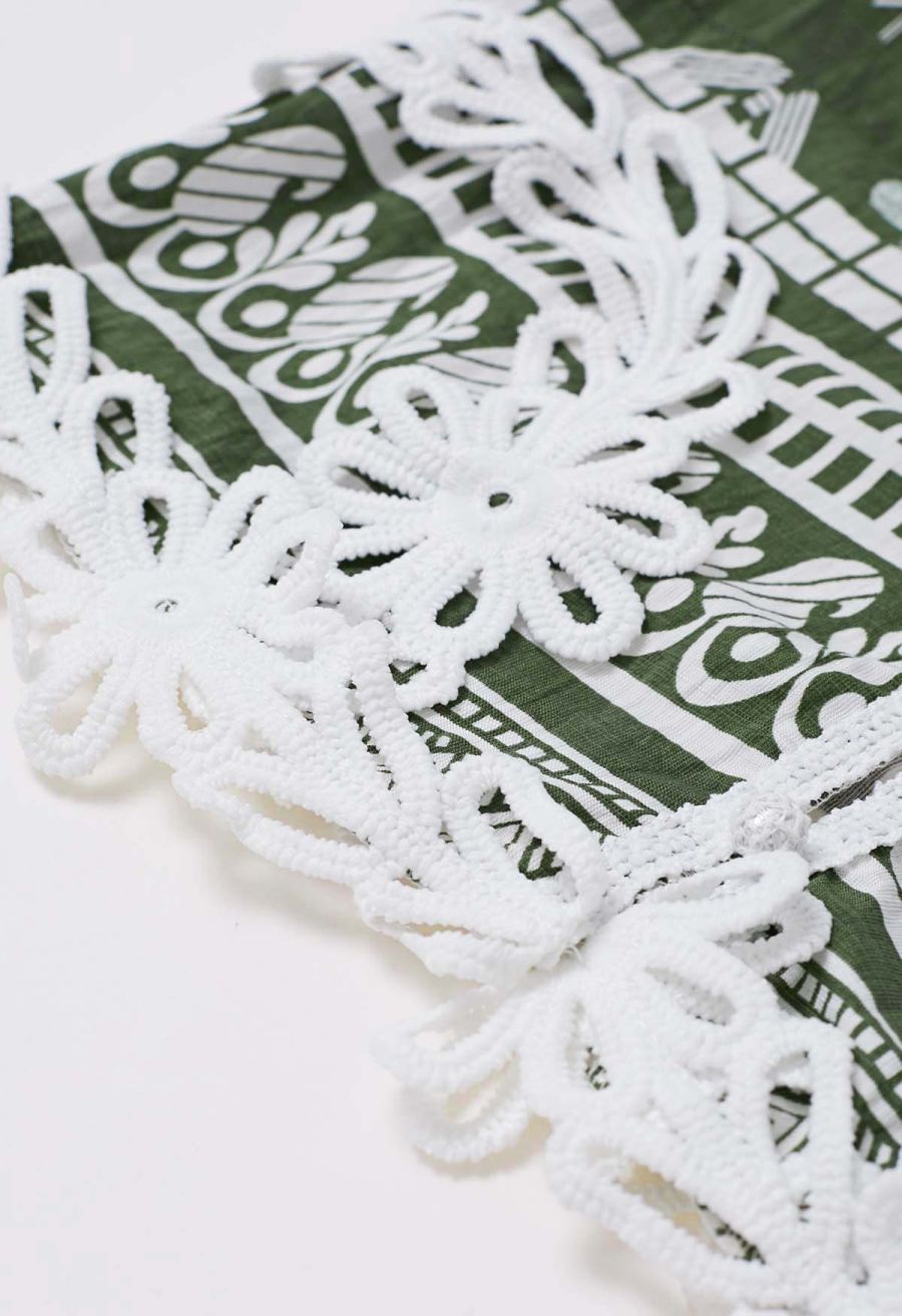 Tapework Lace Paisley Printed Sleeveless Top and Pants Set in Green
