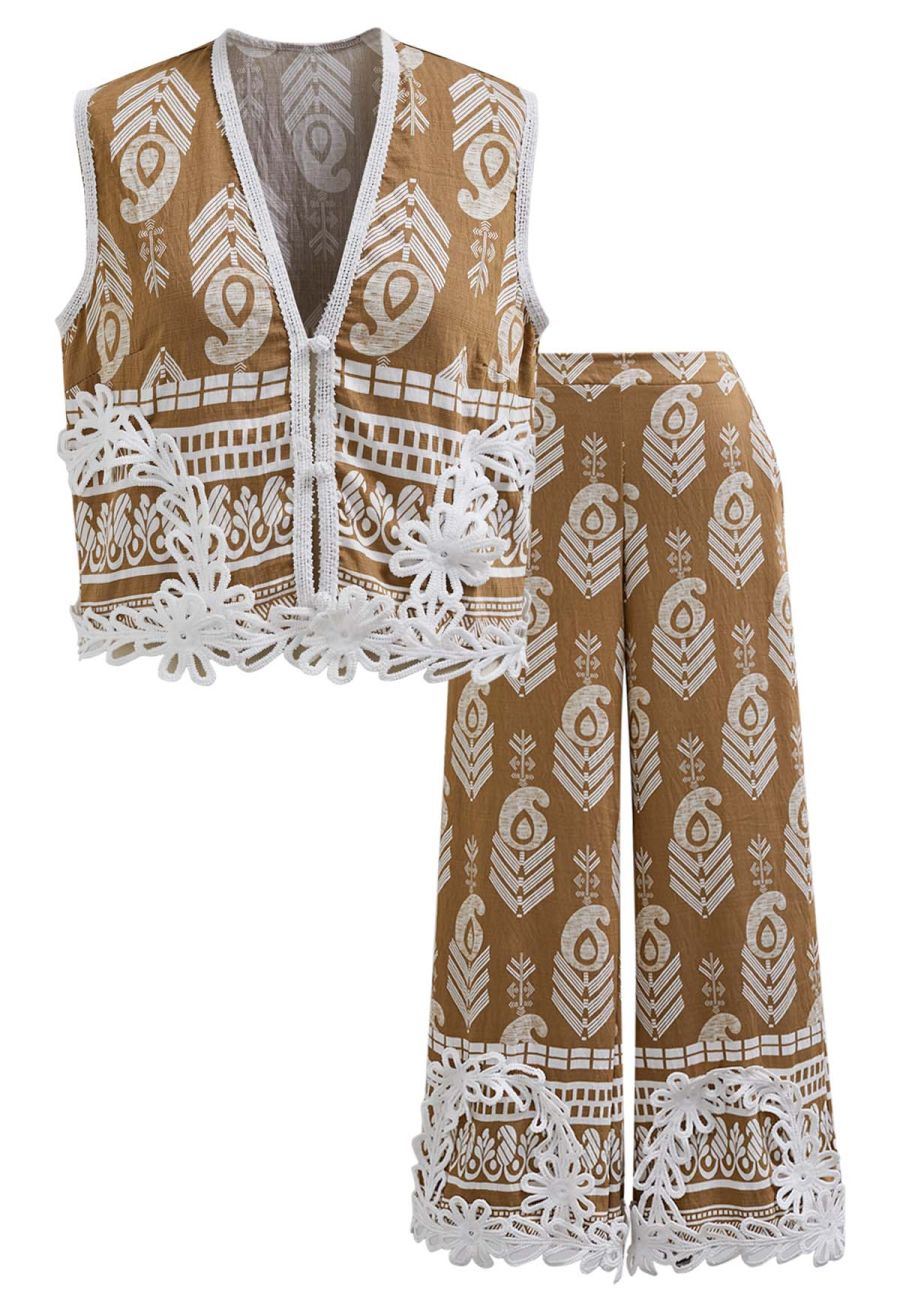Tapework Lace Paisley Printed Sleeveless Top and Pants Set in Tan