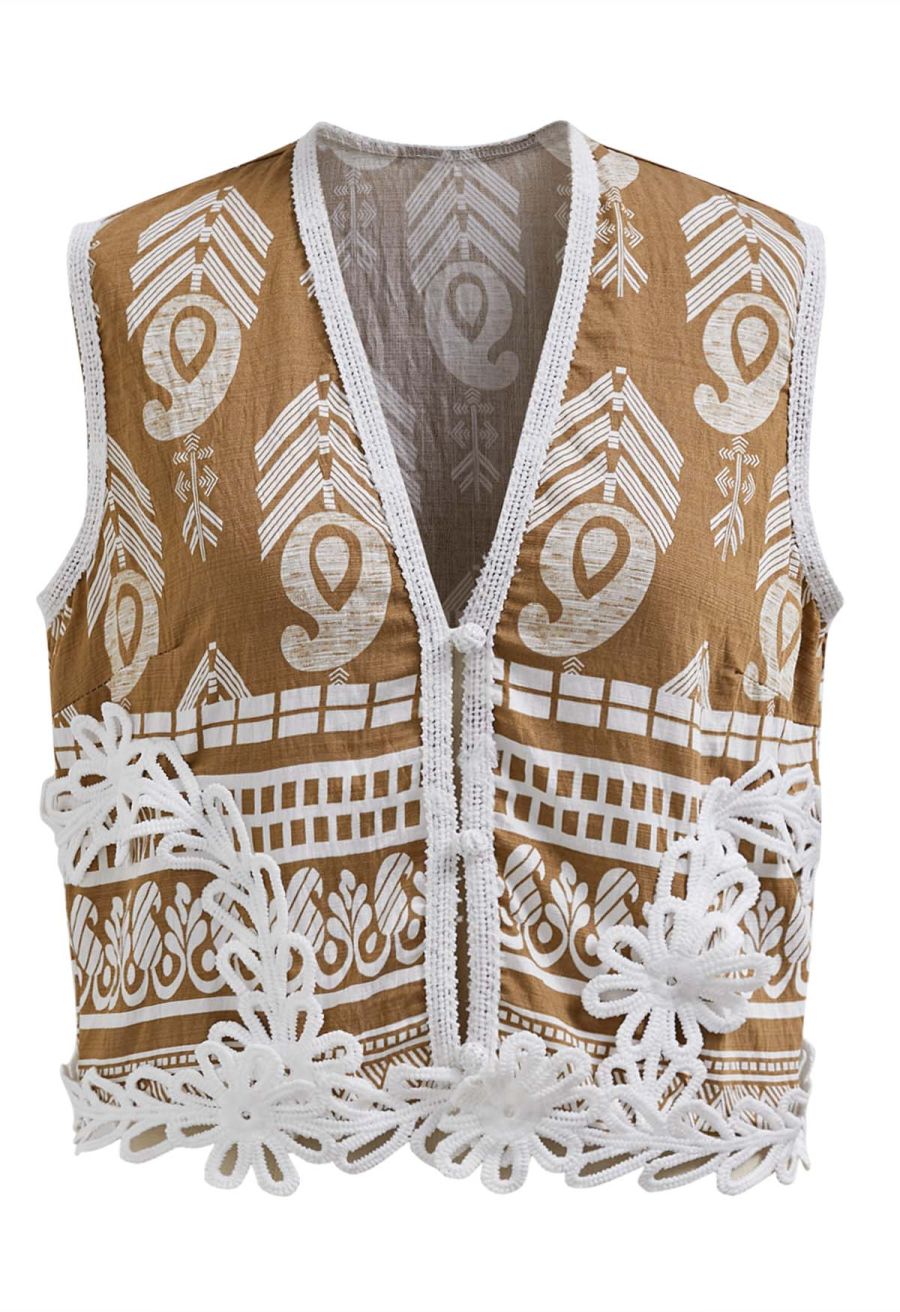 Tapework Lace Paisley Printed Sleeveless Top and Pants Set in Tan
