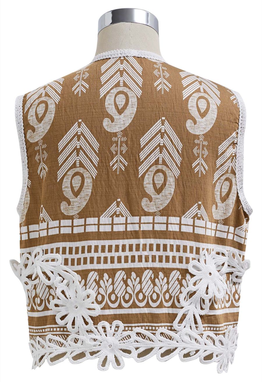 Tapework Lace Paisley Printed Sleeveless Top and Pants Set in Tan