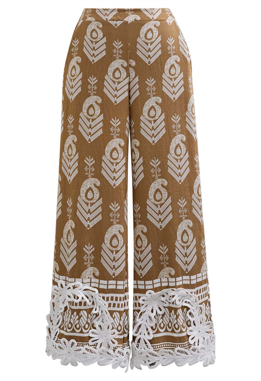 Tapework Lace Paisley Printed Sleeveless Top and Pants Set in Tan