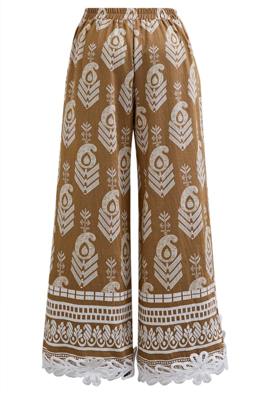 Tapework Lace Paisley Printed Sleeveless Top and Pants Set in Tan