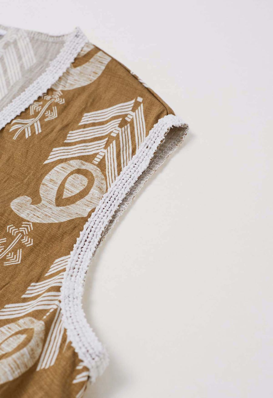 Tapework Lace Paisley Printed Sleeveless Top and Pants Set in Tan