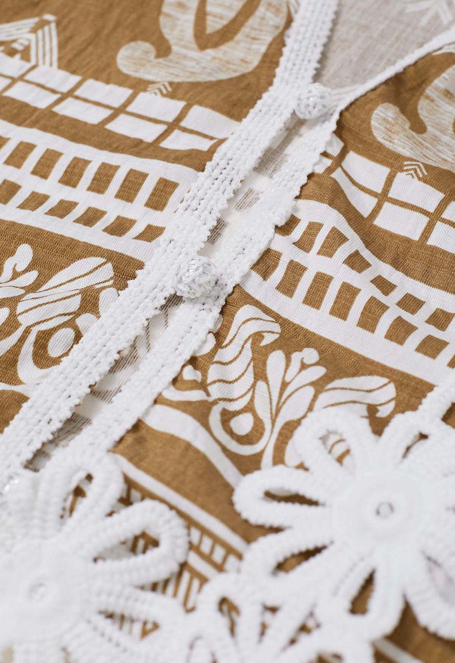Tapework Lace Paisley Printed Sleeveless Top and Pants Set in Tan