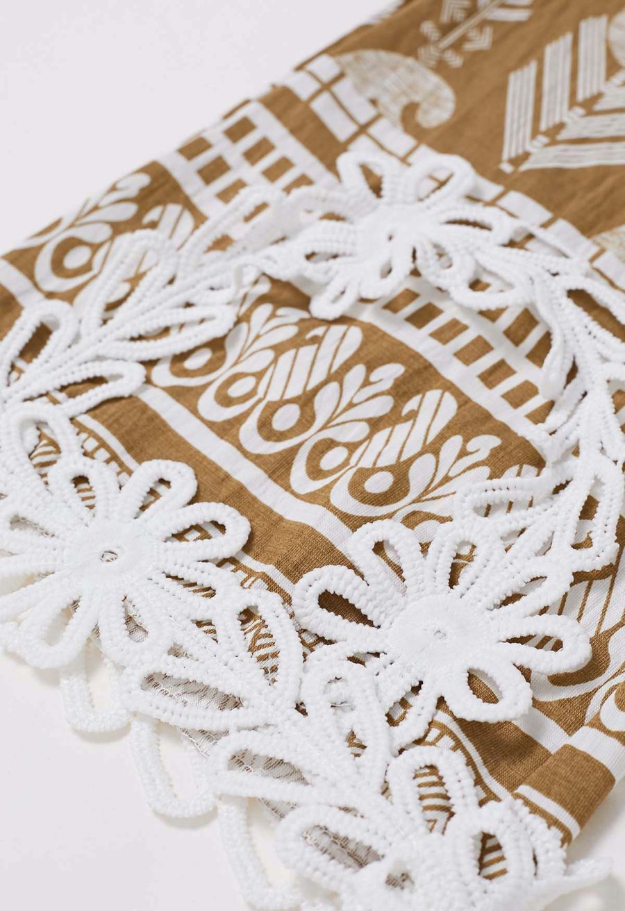 Tapework Lace Paisley Printed Sleeveless Top and Pants Set in Tan