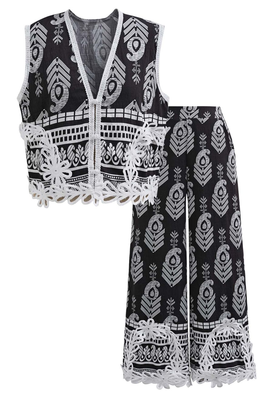 Tapework Lace Paisley Printed Sleeveless Top and Pants Set in Black