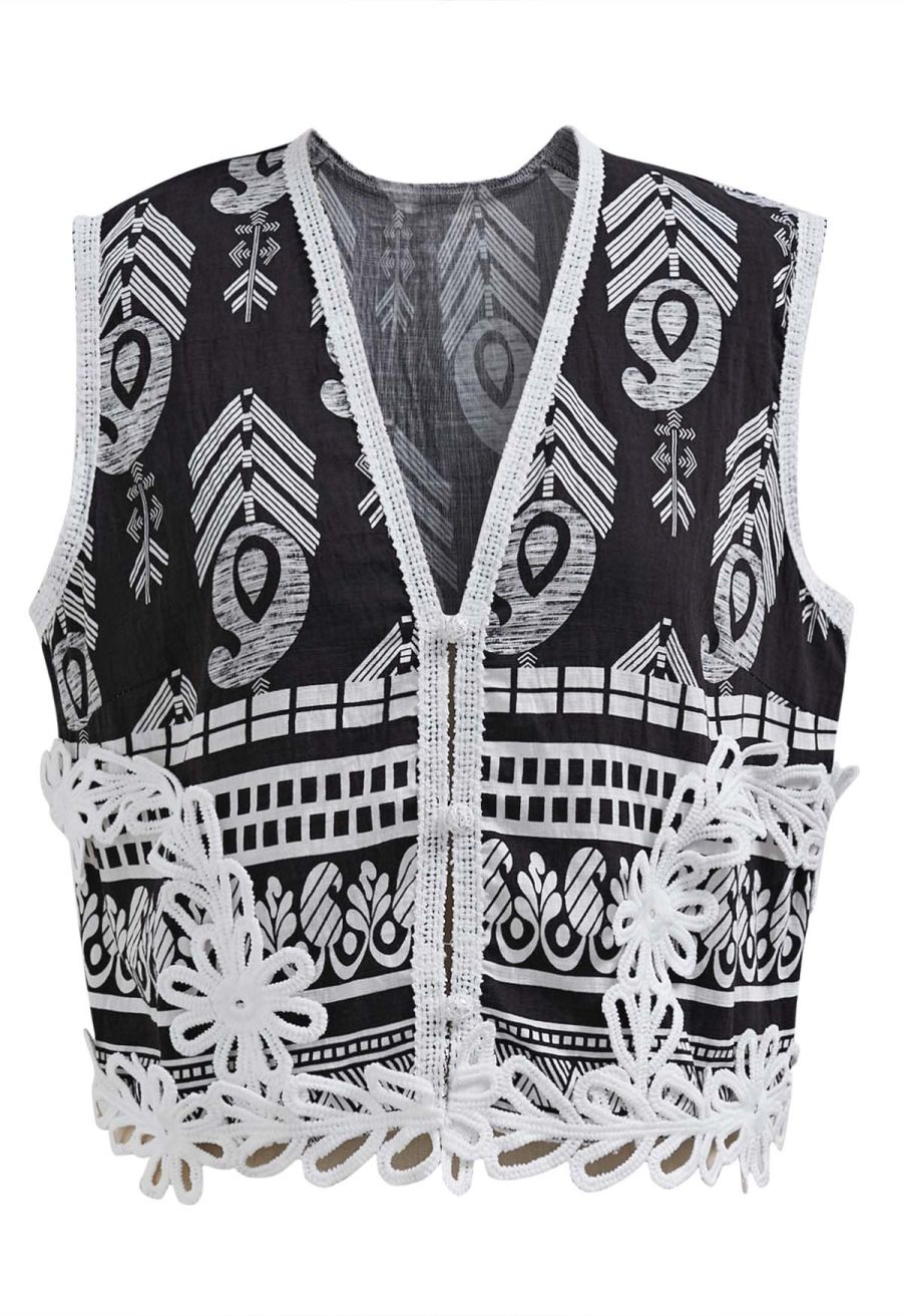 Tapework Lace Paisley Printed Sleeveless Top and Pants Set in Black
