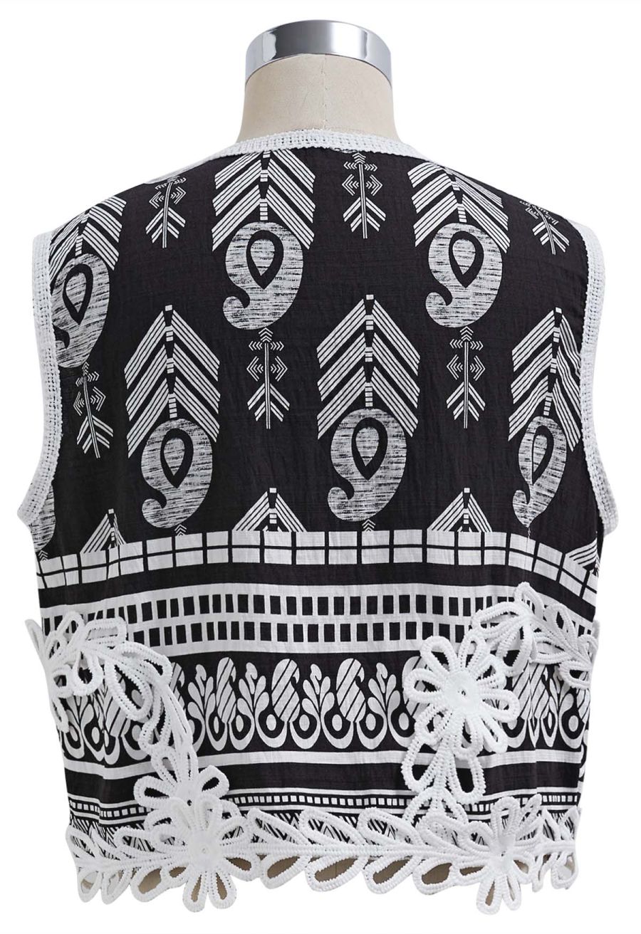Tapework Lace Paisley Printed Sleeveless Top and Pants Set in Black