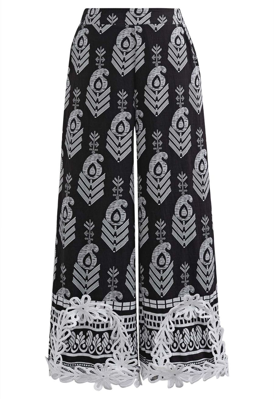 Tapework Lace Paisley Printed Sleeveless Top and Pants Set in Black
