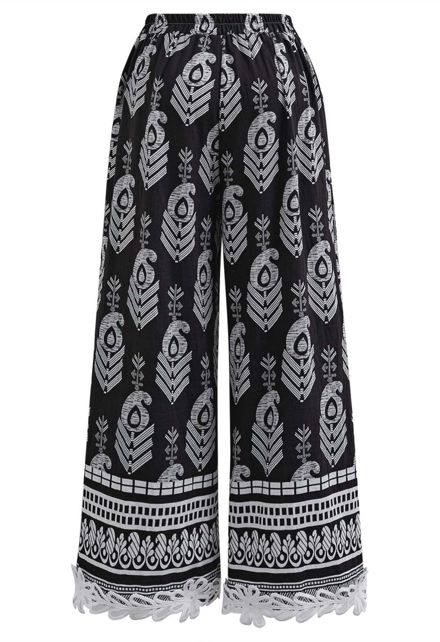 Tapework Lace Paisley Printed Sleeveless Top and Pants Set in Black