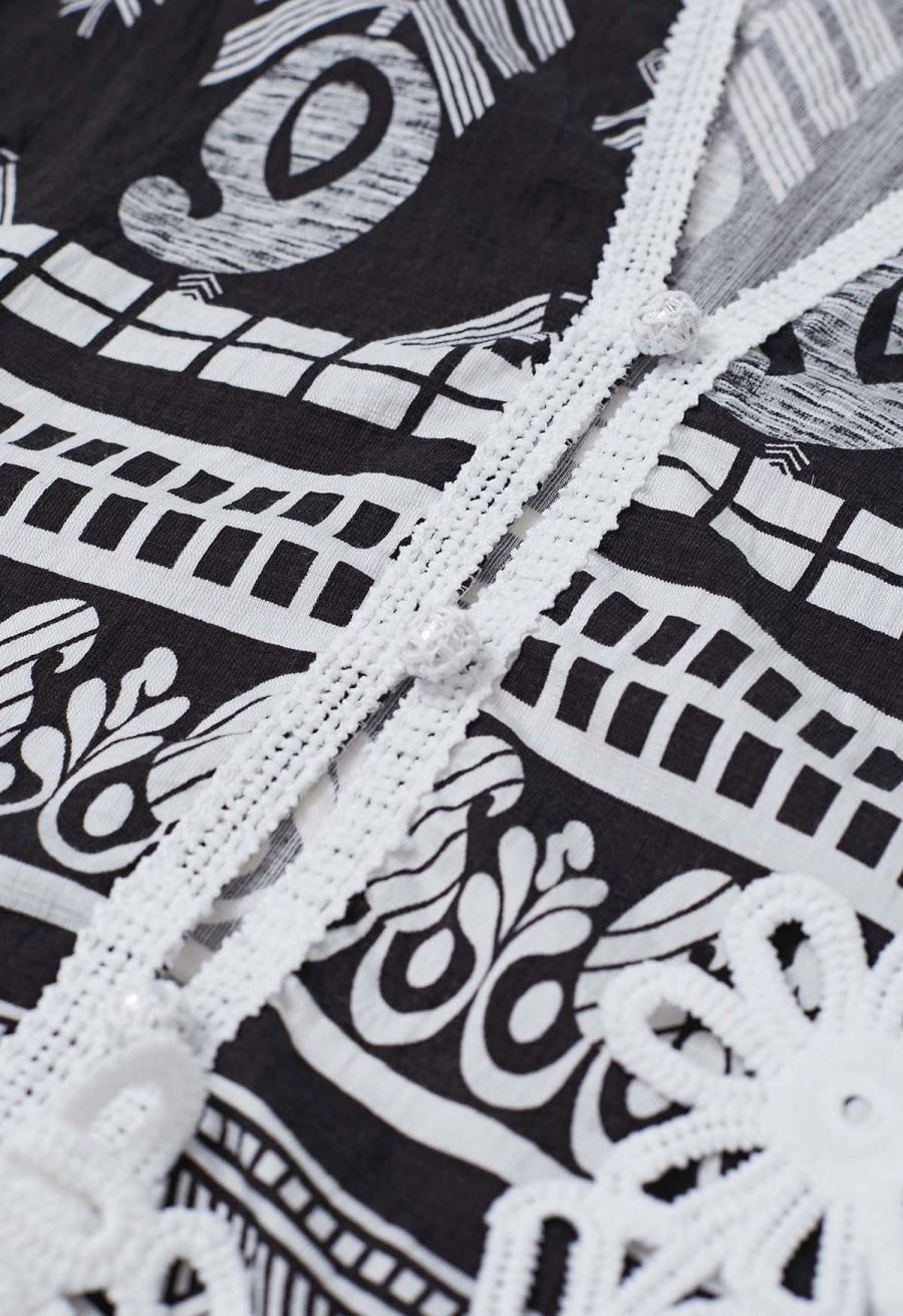 Tapework Lace Paisley Printed Sleeveless Top and Pants Set in Black