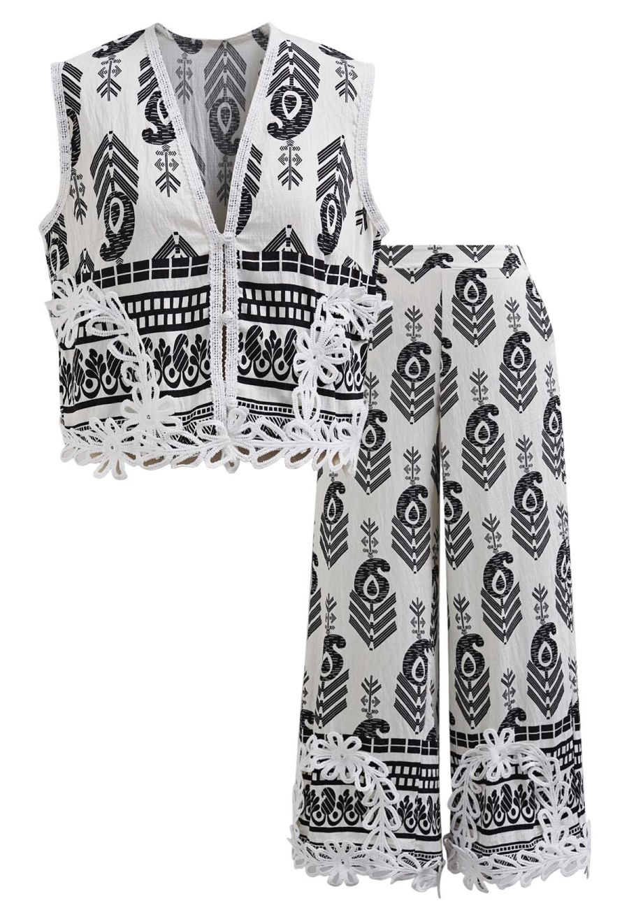 Tapework Lace Paisley Printed Sleeveless Top and Pants Set in White