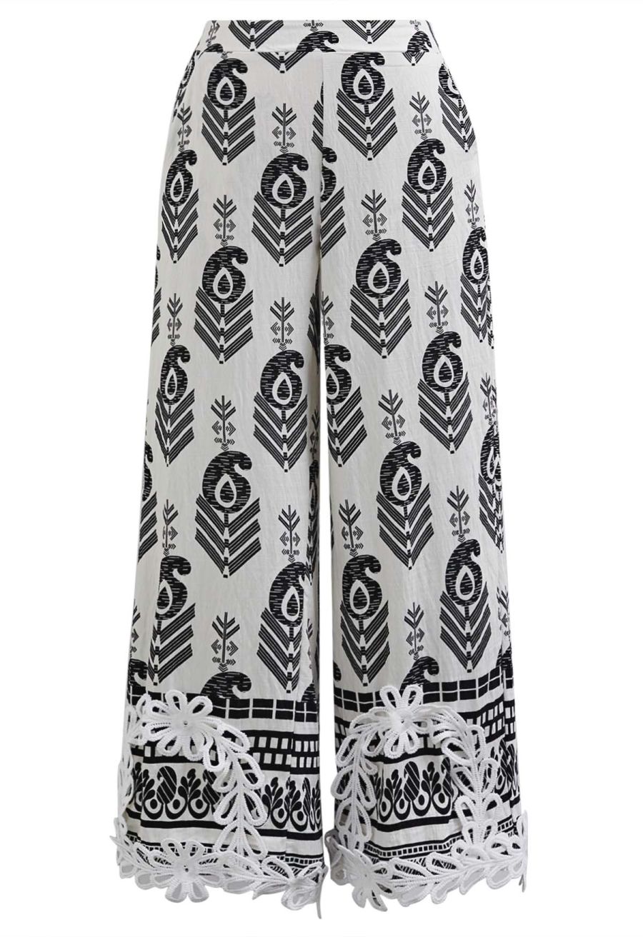 Tapework Lace Paisley Printed Sleeveless Top and Pants Set in White