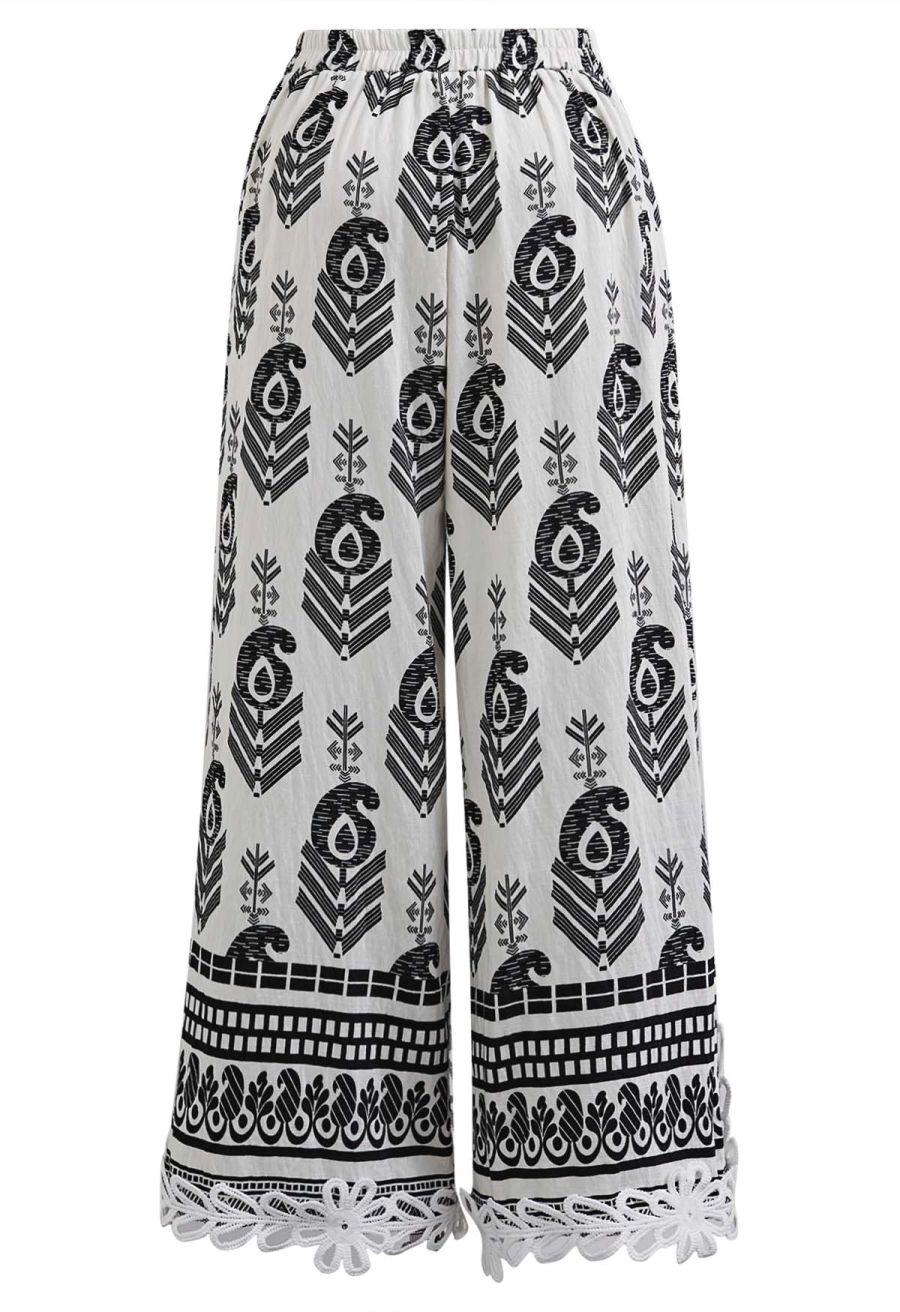 Tapework Lace Paisley Printed Sleeveless Top and Pants Set in White