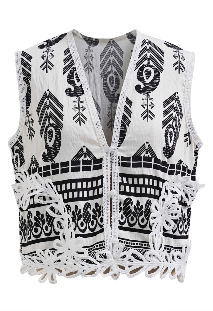 Tapework Lace Paisley Printed Sleeveless Top and Pants Set in White