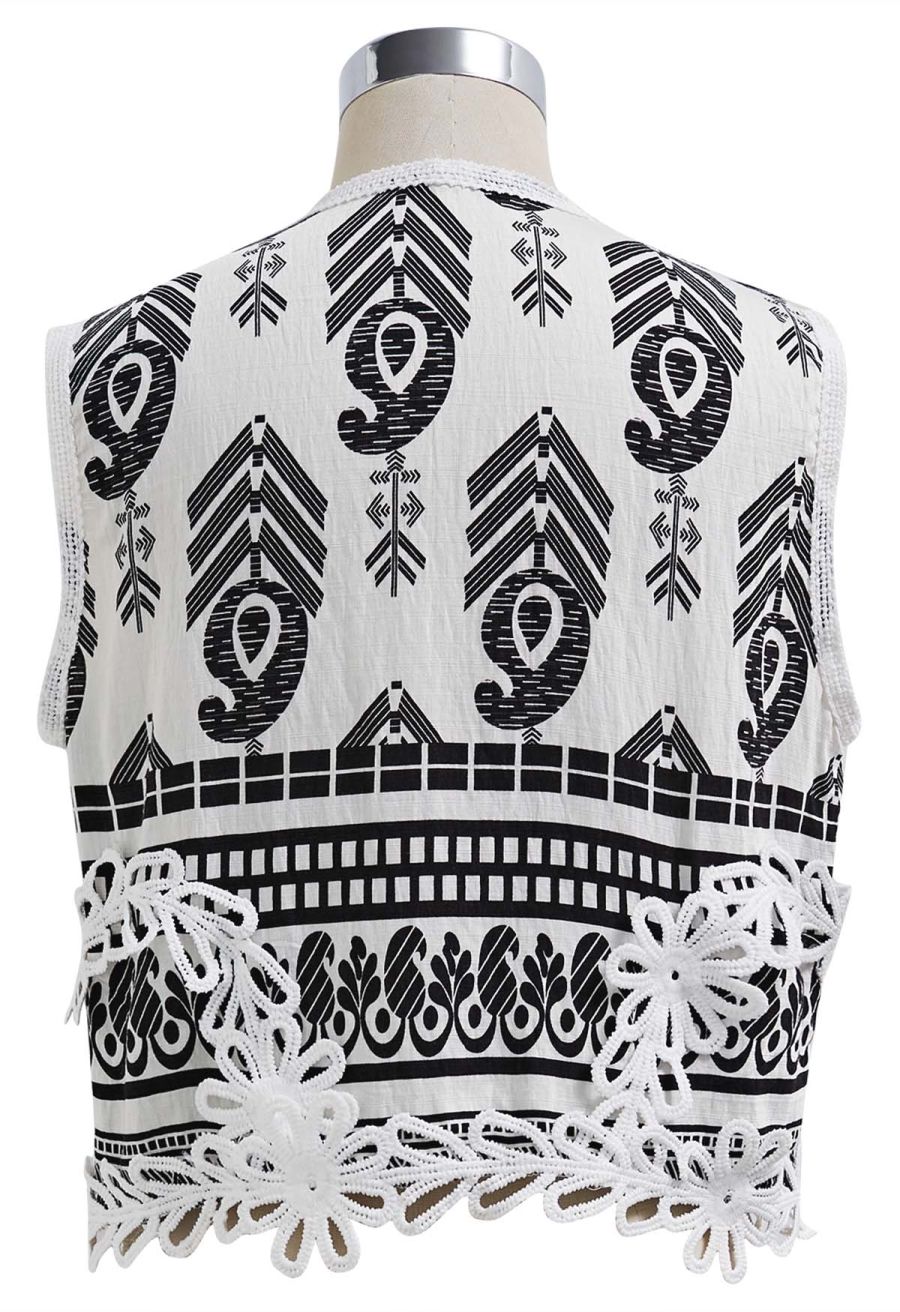 Tapework Lace Paisley Printed Sleeveless Top and Pants Set in White