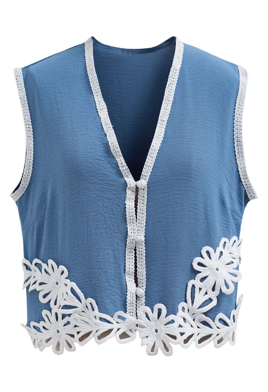 Tapework Lace Buttoned Sleeveless Top and Pants Set in Blue