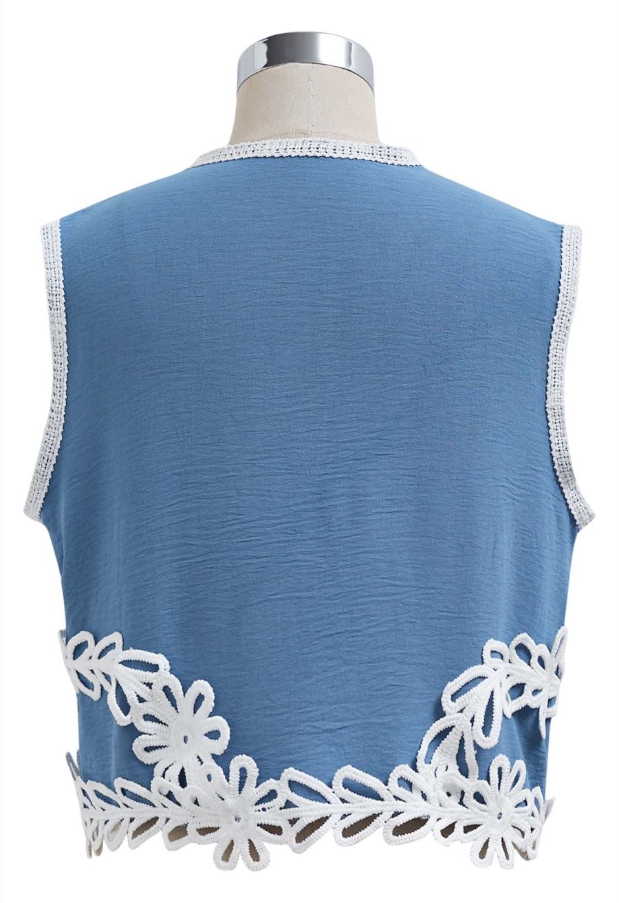 Tapework Lace Buttoned Sleeveless Top and Pants Set in Blue