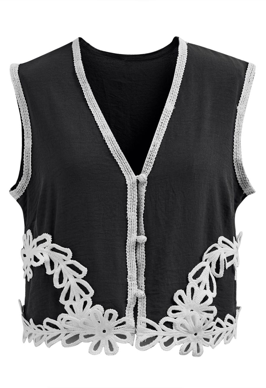 Tapework Lace Buttoned Sleeveless Top and Pants Set in Black