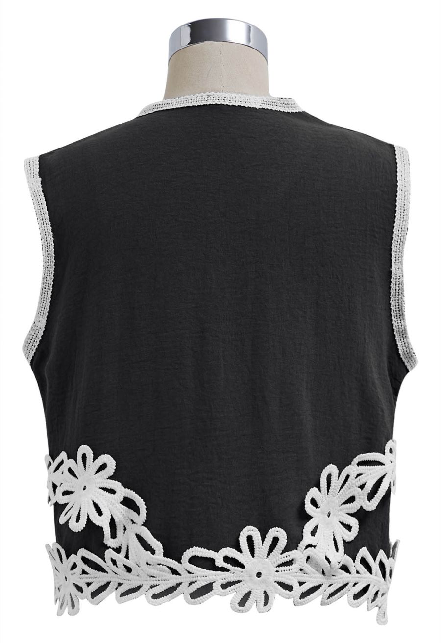 Tapework Lace Buttoned Sleeveless Top and Pants Set in Black