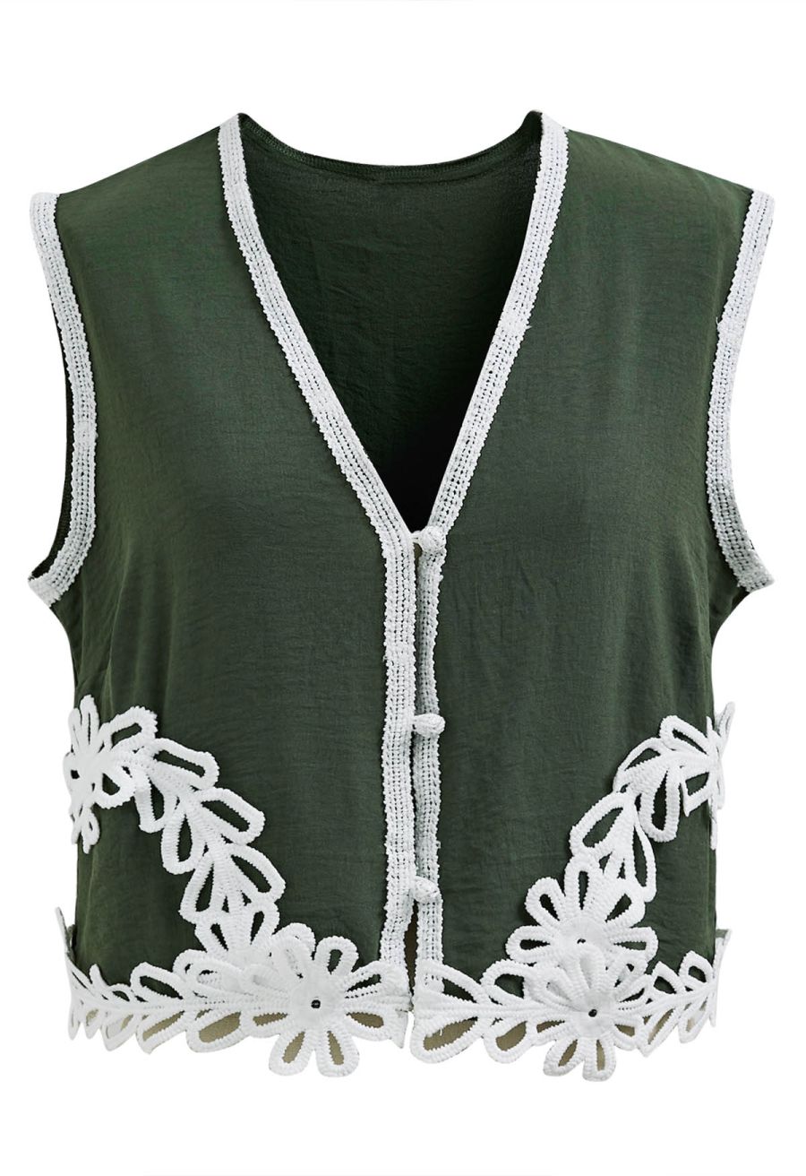 Tapework Lace Buttoned Sleeveless Top and Pants Set in Army Green