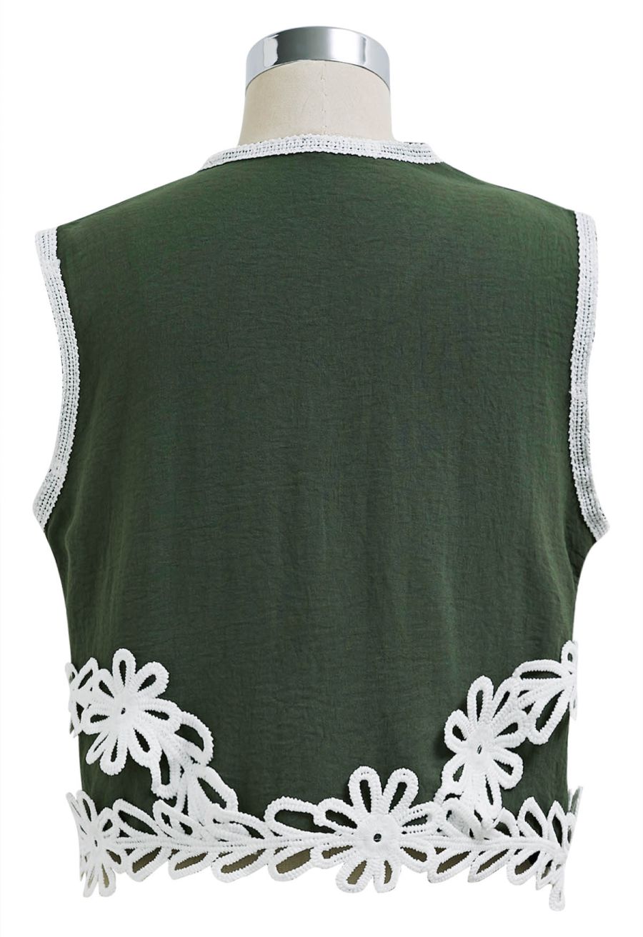Tapework Lace Buttoned Sleeveless Top and Pants Set in Army Green