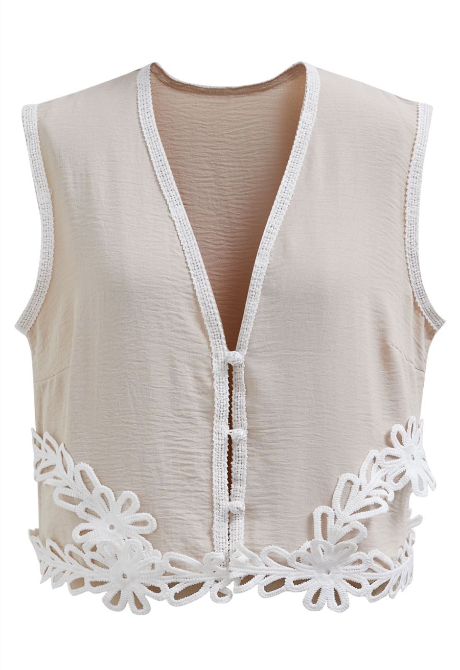 Tapework Lace Buttoned Sleeveless Top and Pants Set in Linen