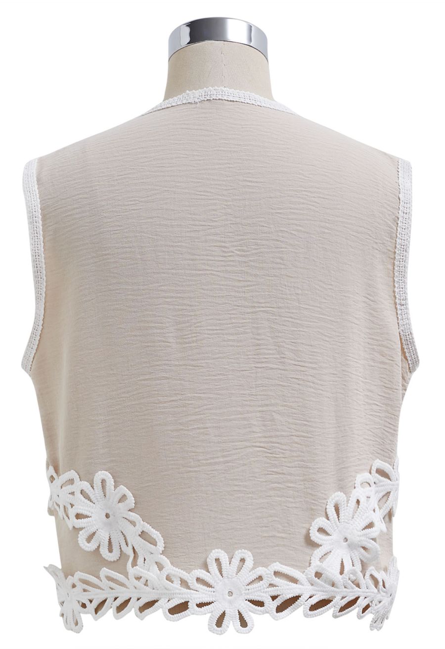 Tapework Lace Buttoned Sleeveless Top and Pants Set in Linen