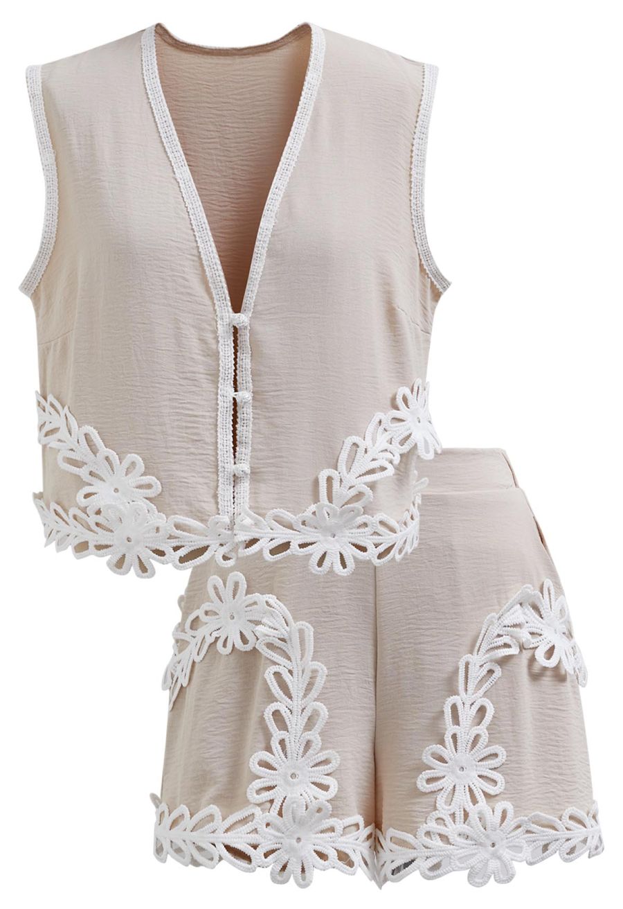 Tapework Lace Buttoned Sleeveless Top and Shorts Set in Linen