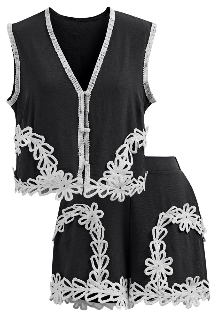 Tapework Lace Buttoned Sleeveless Top and Shorts Set in Black