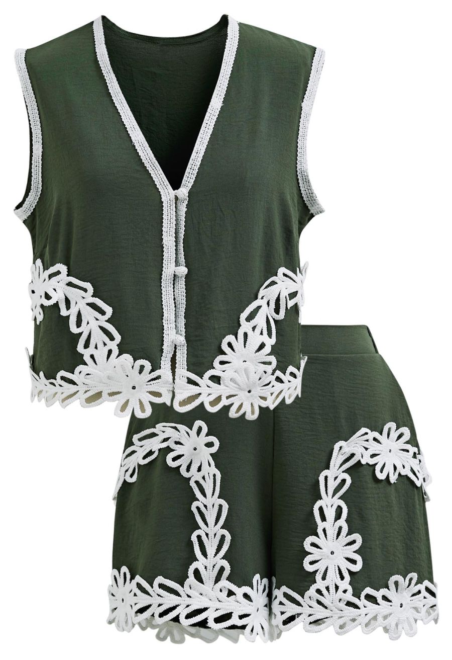 Tapework Lace Buttoned Sleeveless Top and Shorts Set in Army Green
