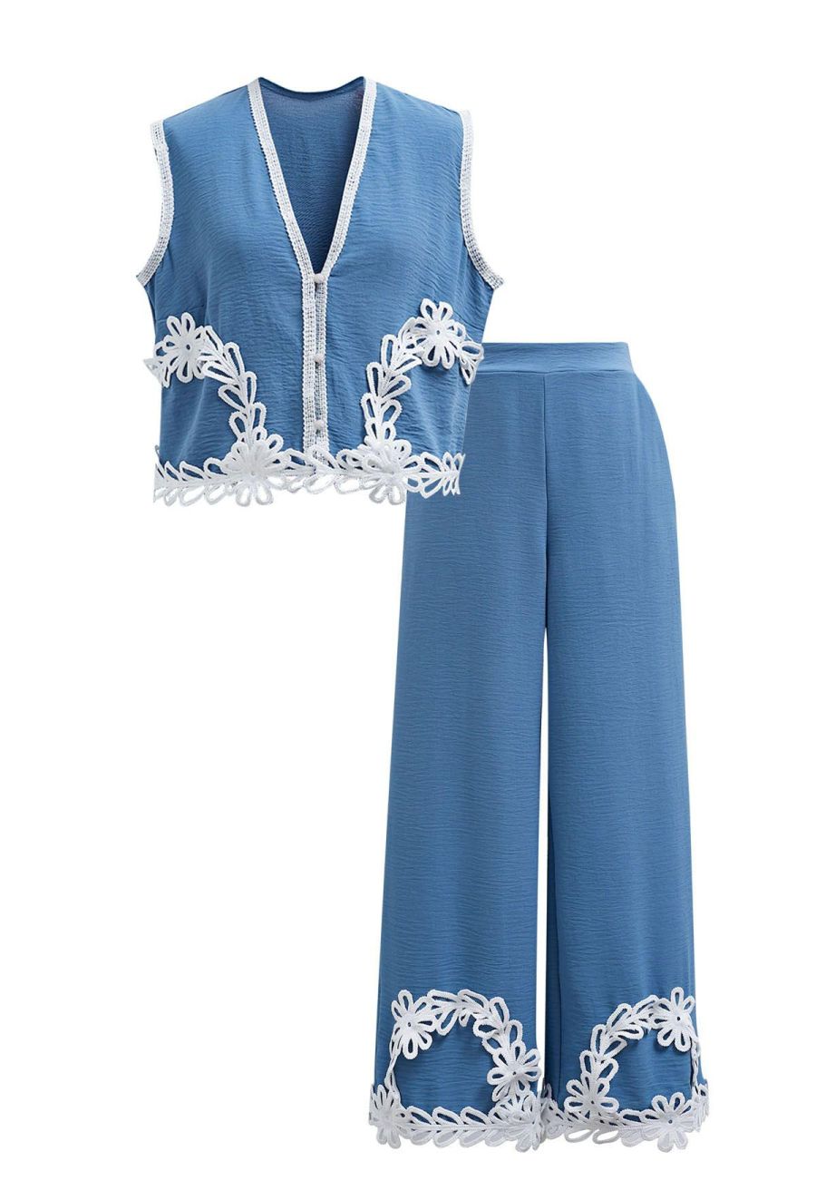 Tapework Lace Buttoned Sleeveless Top and Pants Set in Blue