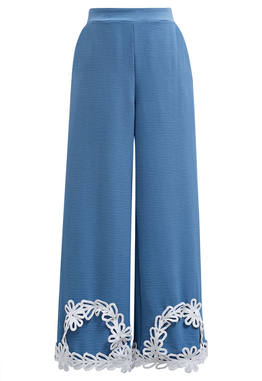 Tapework Lace Buttoned Sleeveless Top and Pants Set in Blue