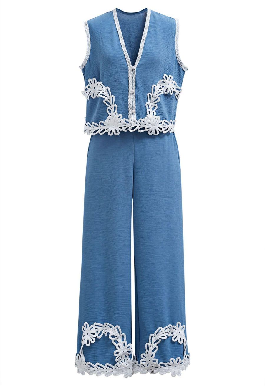 Tapework Lace Buttoned Sleeveless Top and Pants Set in Blue