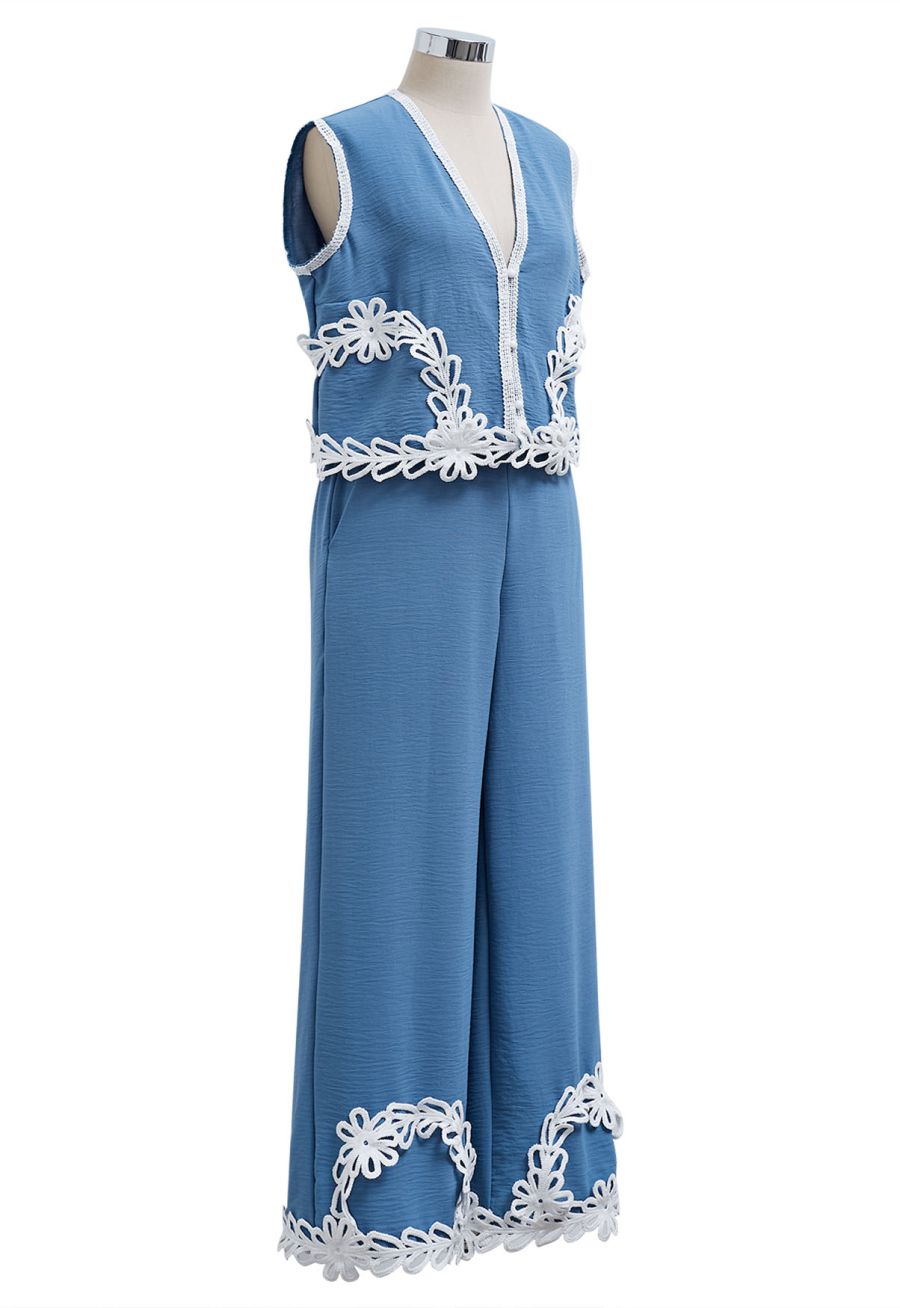 Tapework Lace Buttoned Sleeveless Top and Pants Set in Blue