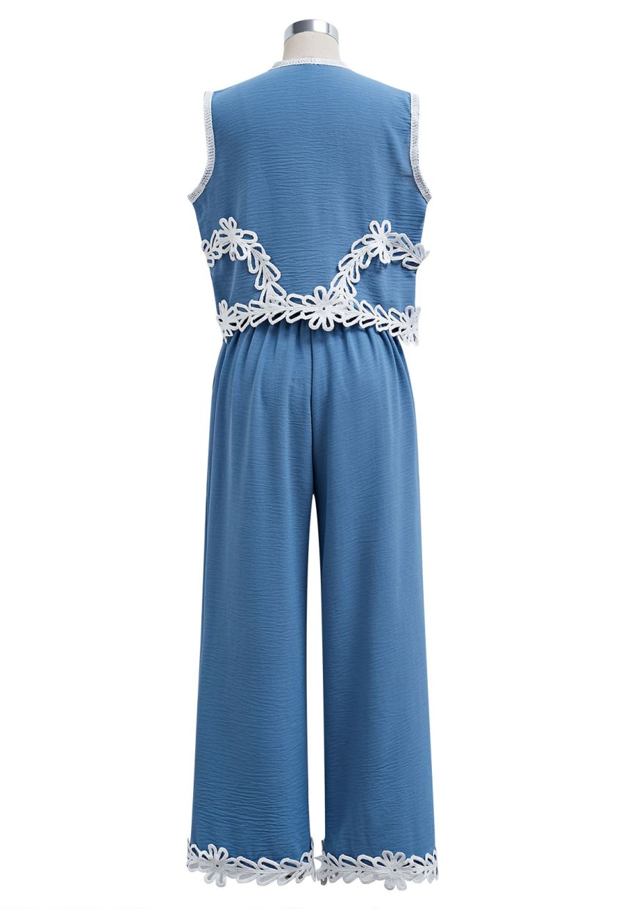 Tapework Lace Buttoned Sleeveless Top and Pants Set in Blue