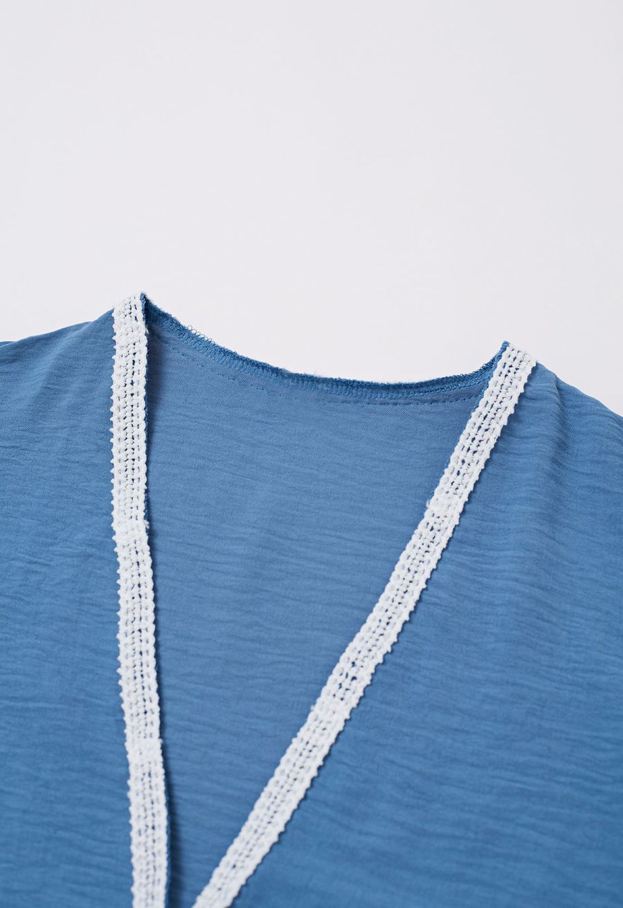 Tapework Lace Buttoned Sleeveless Top and Pants Set in Blue