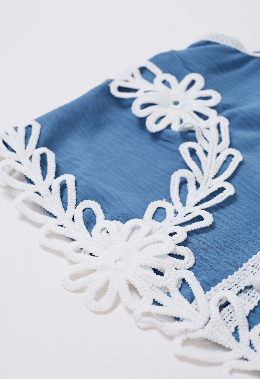 Tapework Lace Buttoned Sleeveless Top and Pants Set in Blue