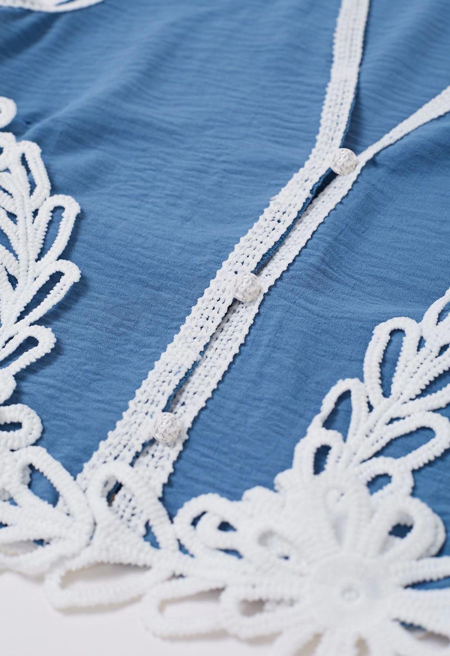 Tapework Lace Buttoned Sleeveless Top and Pants Set in Blue