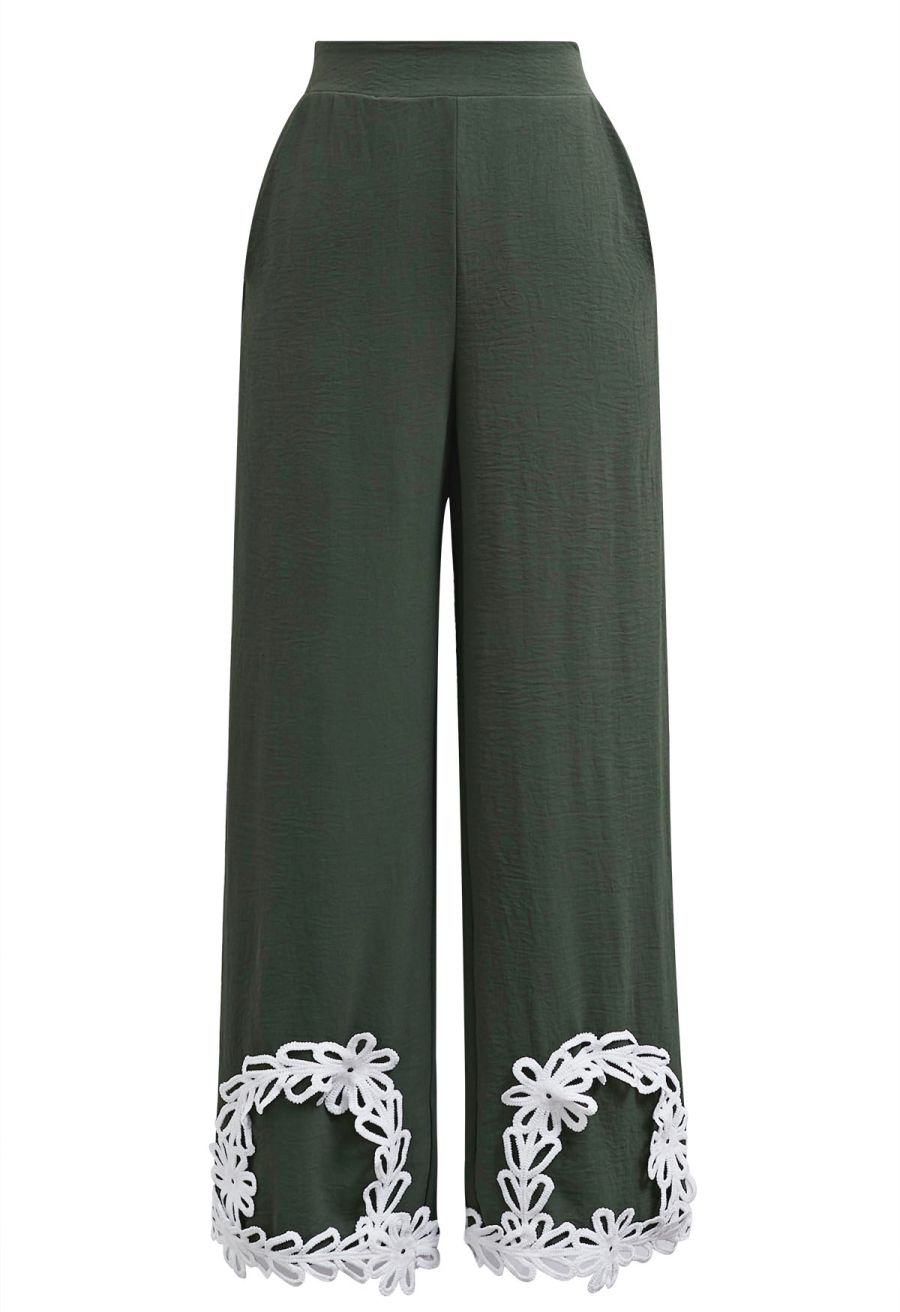 Tapework Lace Buttoned Sleeveless Top and Pants Set in Army Green