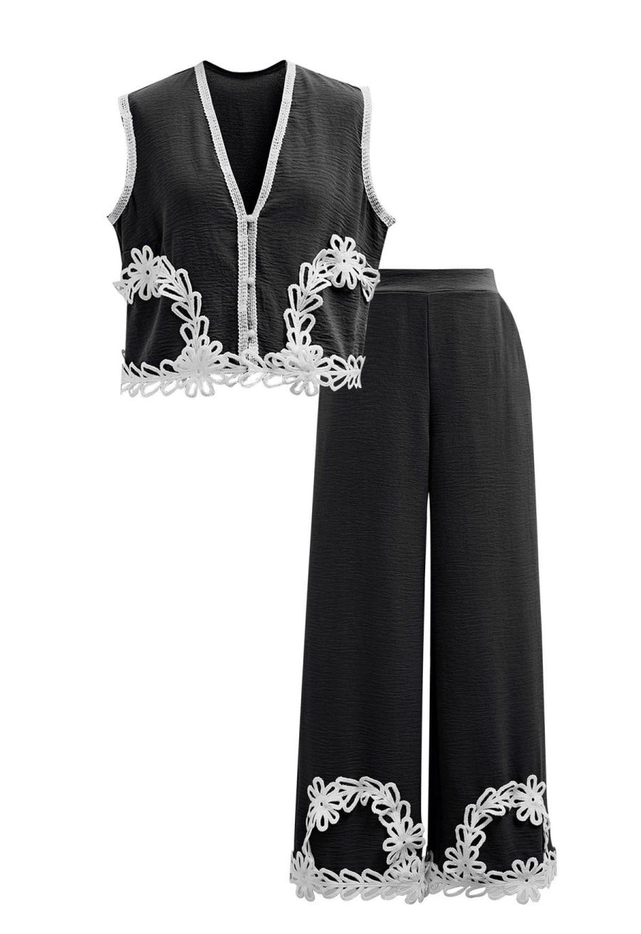 Tapework Lace Buttoned Sleeveless Top and Pants Set in Black