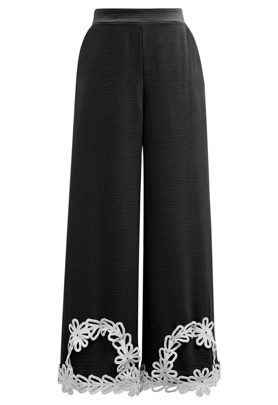 Tapework Lace Buttoned Sleeveless Top and Pants Set in Black