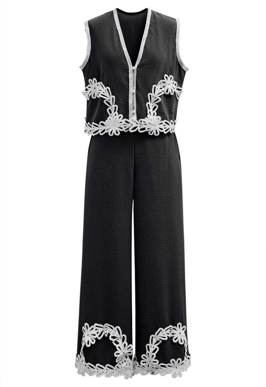 Tapework Lace Buttoned Sleeveless Top and Pants Set in Black