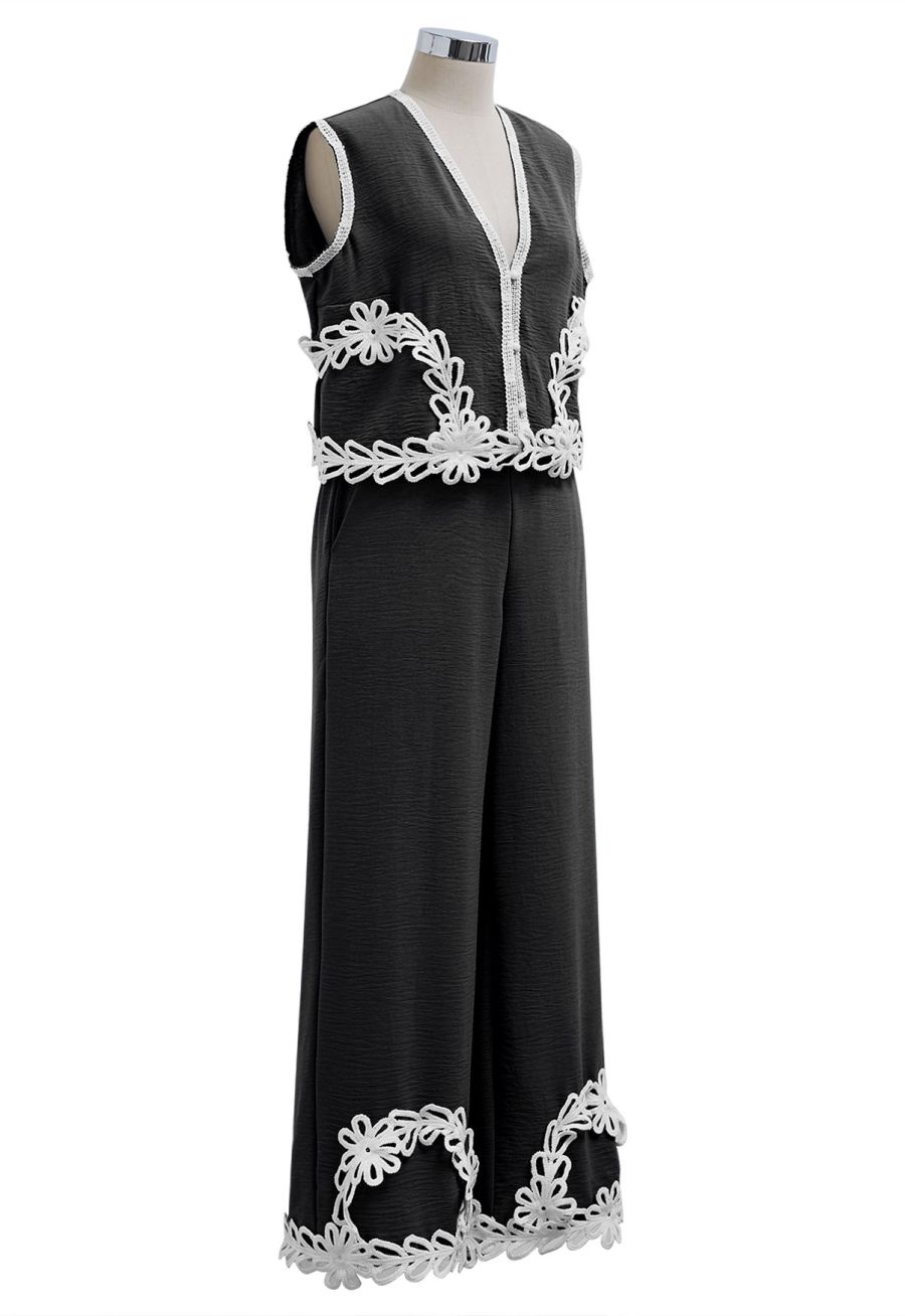 Tapework Lace Buttoned Sleeveless Top and Pants Set in Black