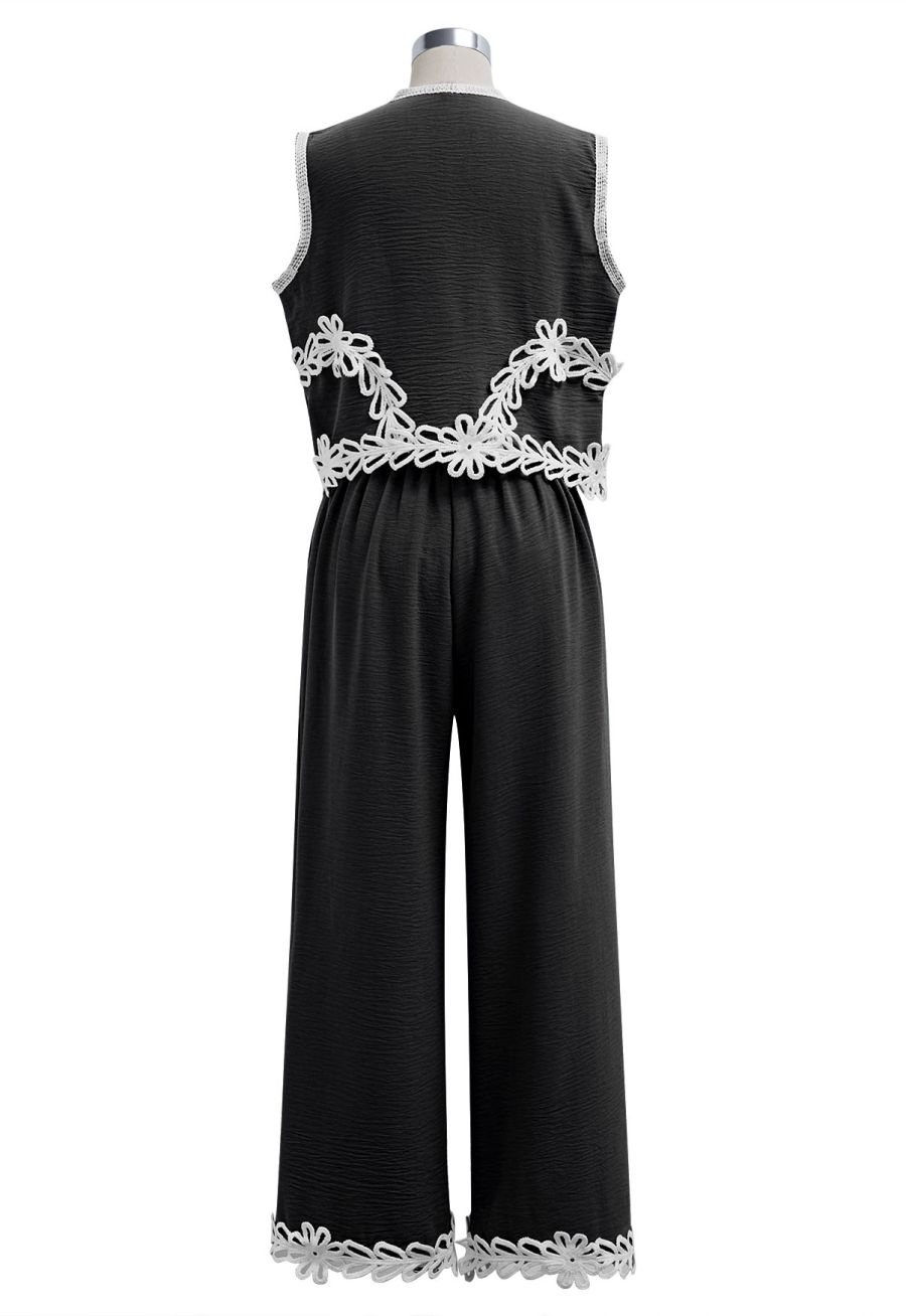 Tapework Lace Buttoned Sleeveless Top and Pants Set in Black